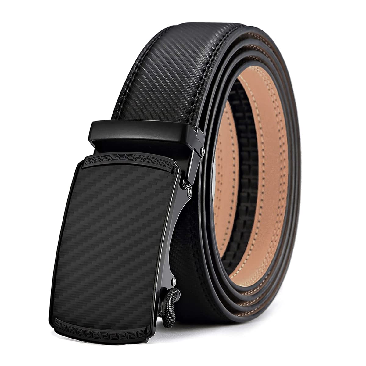 GUSTAVE Belts for Men Black Slim Leather Belt for Men Fashion Texture Slide Waist Belt Automatic Buckle Belt for Formal or Casual - 130cm Length, Free Adjustable, No Belt Hole GUSTAVE Belts for Men Black Slim Leather Belt for Men Fashion Texture Slide Waist Belt Automatic Buckle Belt for Formal or Casual - 130cm Length, Free Adjustable, No Belt Hole